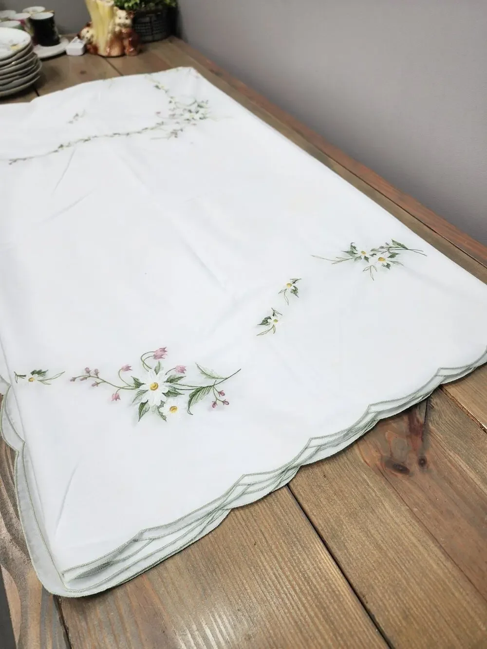Vintage Rectangular Embroidered Floral Fabric Tablecloth Light Stain 79